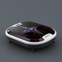 Rectangular dark glass and plastic Roomba style flying sci-fi vehicle in the style of Bladerunner, designed by f-117, x-wing, octane render, product shot