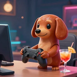 humanoid sausage dog playing videogames and drinking a cocktail, digital art, trending on artstation