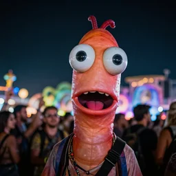 earthworm jim at a edm festival, close up, night, 4 k