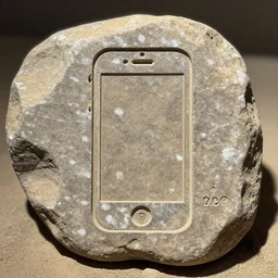 fossil of an iphone engraved in stone from the year 2 5 0 0 bc, archeological find, dusty, direct sunlight, detailed, 4 k, real