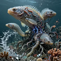 complex merged creatures with semi - translucent scales gills and fins, normal map, textured, covered in worms, electronic wires, electricity worm hole, plastic sea wrapped, creature tree roots strangled, water splash, flowing, coral, glass debris pieces, dust particles, dramatic lighting, electronic wires, fire sparks, high resolution photo,