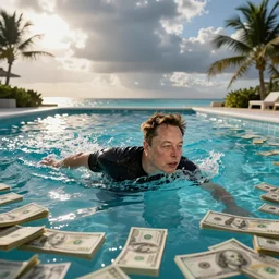 elon musk swimming in a swimming pool full of dollars at bahamas