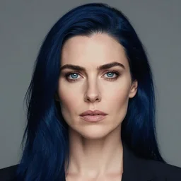 portrait photograph of the most beautiful woman with a long dark blue hair, blue eyes, stern expression, award winning