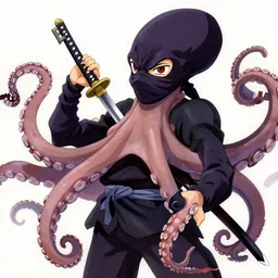 key anime visuals of an octopus ninja, with a katana in his tentacle. the octopus is dressed as a ninja. highly detailed, intricate, directed by makoto shinkai, anime manga style, trending on art station.