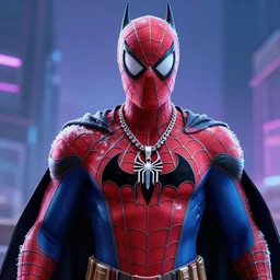 synthwave spiderman as batman, dreamlike with jewelry, character art, hyperdetailed, 8 k, realistic, frostbite 3 engine, cryengine, dof, trending on artstation
