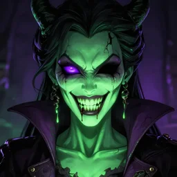 a portrait photo of a poison themed female villain, glowing green, poison dripping, poison teeth, detailed character design, symmetrical face, purple highlights, one purple eye, closed eyes, no eyes, black eyes