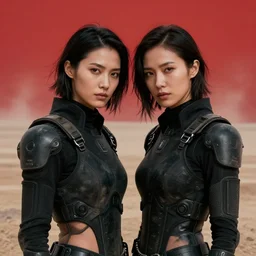 cinestill 5 0 d photographic portrait of two loving female androids wearing rugged black cutout waist techwear on a desolate plain with a red sky, extreme closeup, modern cyberpunk, dust storm, 8 k, hd, high resolution, 3 5 mm, f / 3 2, ultra realistic faces, ex machina, blade runner
