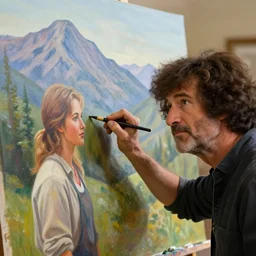 a closeup photorealistic photograph of bob ross putting the finishing touches on a canvas painting that includes ashley schaeffer. mountains and trees. film still. brightly lit scene. this 4 k hd image is trending on artstation, featured on behance, well - rendered, extra crisp, features intricate detail, epic composition and the style of unreal engine.