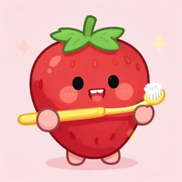 a cute strawberry with two front teeth, holding a yellow toothbrush, in the style of roz chast