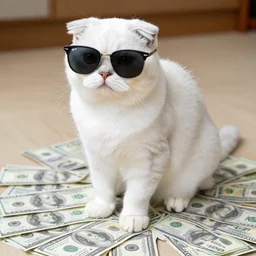 a white Scottish fold cat wearing Raybans Sunglasses sitting on a pile of $100 bills,