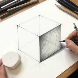 An educational artist's demonstration of a square drawn in on point perspective. Sketch.