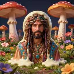 hyperrealistic portrait of melting hippies - epic cinematic mushrooms with psychedelic field of flowers, highly detailed smooth digital art masterpiece, pablo amaringo dramatic low light, ground angle uhd 8 k, sharp focus