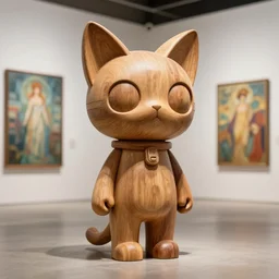 3 d octane render ultra photorealistic 8 k hyper detailed, a very very cute wooden statue anthropology cat ears cyberpunk cgsociety in a contemporary art gallery in neo tokyo artwork by alphonse mucha