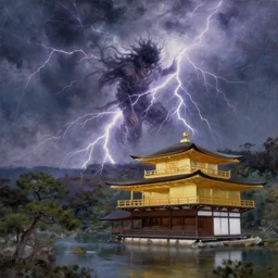 raijin, god of lightning, striking kinkaku - ji. oil painting. realistic. by dmitry klyushkin