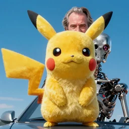 Jack Nicholson plays Pikachu Terminator, scene where his inner endoskeleton gets exposed and his eye glows red, still from the film