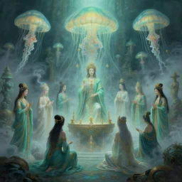 A painting of priestesses worshipping at the jellyfish temple, shrouded in mist, jellyfish god, 8K, illustration, by Justin Cheung and ArtGerm and Stéphane Roux, smoke, cinematic, insanely detailed and intricate, hypermaximalist, elegant, super detailed, award-winning, chartreuse and cyan, mysterious, ancient, ritual, ethereal, trending in cgsociety, artstation HQ, ornate, elite, haunting, matte painting, beautiful detailed, insanely intricate details, artstation trending