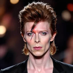 headshot of david bowie's face morphed into actress madelaine petsch's face, androgynous ziggy stardust, bokeh
