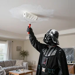 darth vader painting a ceiling in a living room with a paint roller, white paint splattered on the helmet and cape, furniture is covered with plastic foil realistic, very detailed