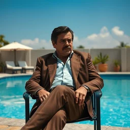 film still of viktor orban playing pablo escobar, sitting in a chair next to a pool, 8 0's columbia, a scene from tv series narcos, narcos scene, hd, 4 k