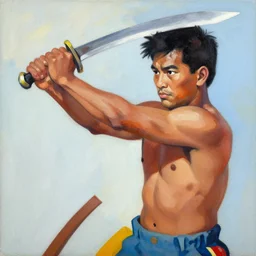 greg manchess side portrait of a filipino fighter mockingly swinging a sword, organic painting, sunny day, matte painting, bold shapes, hard edges, street art, trending on artstation, by huang guangjian, gil elvgren, ruan jia, randy vargas, greg rutkowski