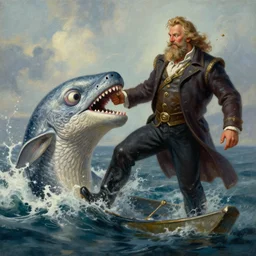 mobydick biting captain ahab's leg off, detailed illustration, painting trending on artstation