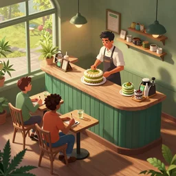 barista at customers table : cafe serves cannabis cake for the first time in australia, isometric illustration fun, render in pixar, by darwyn cooke