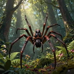 an ugly giant spider, beautiful, realistic, atmosphere, vibe, forest, webs, fern, flowers, concept art illustration, color page, tone mapping, akihiko yoshida, james jean, andrei riabovitchev, marc simonetti, digital illustration, greg rutowski, volumetric lighting, sunbeams, particles