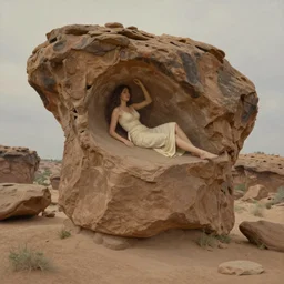 hyper realistic, high detail photo of sand stone formations, a huge woman caught inside a rock, thomas kinkade style painting, beautiful, dreary lighting,