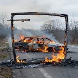 the burnt frame of a car on fire on the side of the road in wither, by simon stalenhag