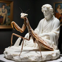 intricate white marble sculpture of a predatory anthropomorphic mantis, brown exoskeleton, flat pancake triangle - shaped head, dramatic lighting, art by hr geiger and ridley scott and alphonse mucha