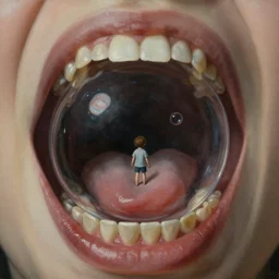 tiny paradise bubble inside giant screaming mouth, disturbing, uneasy, unsettling, by hieronymus bosch, trending on artstation, trending on nightcafe, by alexander fedosa oil on canvas