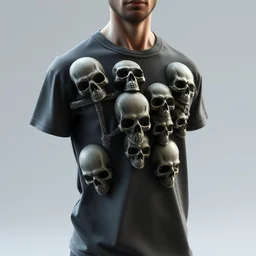 model wearing a t - shirt, t - shirt has various skulls carved into the t - shirt surface, intricate details, photorealism, 8 k, octane render, stunning craftsmanship, artstation