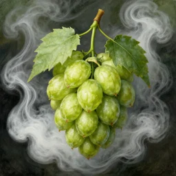 a hop fruit surrounded by smoke!! by randolph caldecott. detail. masterpiece. hq. centered. in - frame