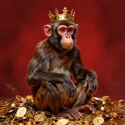 monkey wearing a crown, sitting in a pile of gold, red, dramatic lighting, masterpiece, digital painting, elegant, high detailed,