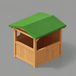 isometric simple wooded horse stable with green roof, on grey background, artstation,