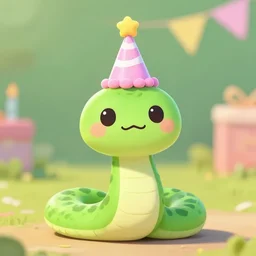 cute snake with a birthday cap on, birthday