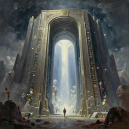 an epic colossal portal to the metaverse, by Vincent Di Fate, by Bruce Pennington, by David A. Hardy, by Wayne Barlowe, masterpiece, oil on canvas, trending on artstation, featured on pixiv, cinematic composition, dramatic scene, beautiful lighting, sharp, high details, no frames, 8K