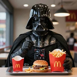 A still of Darth Vader eating at McDonalds, 4k, photograph, ultra realistic, highly detailed, professional lighting