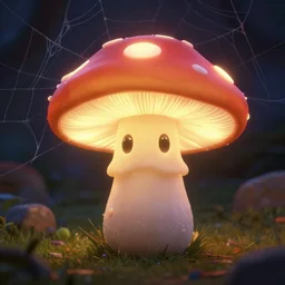 glowing mushroom character with big oval shaped eyes. surrounded by cobwebs. sharp focus. highly detailed. cute. pixar.