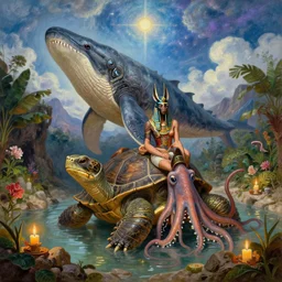 fantasy fairytale portrait, hybrid great leviathan cybernetic turtle cephalopod raptor terrapin reptilian pachyderm squid, symbiotic, hybrid, bella hadid cara delevingne anubis warrior, cozy, hot springs hidden cave, candlelight, natural light, lush plants flowers, mountains, bright clouds, luminous stellar sky, outer worlds, william - adolphe bouguereau, michael cheval, oil painting, michael whelan, solar flare crisp clear resolution, unreal 5, daz, hd,