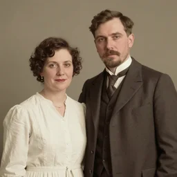color photo of attractive man and woman, age 40, in the year 1915