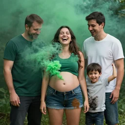 toxic green smoke coming out of my bellybutton, brown smoke coming out of my shorts, during a family photo, laughing