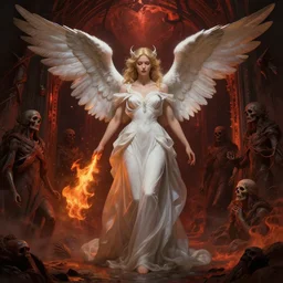 a beautiful angelic woman spitting fire at lost souls that are standing at the entrance of hell, fantasy art, art by greg rutkowski and artgerm, amazing detail, hd, illustration, epic, intricate, elegant, artstation, concept art, smooth, sharp focus, cinematic