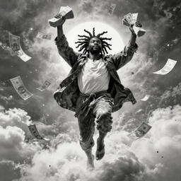 black man with dreads ascending into heaven holding stacks of cash, biblical image, style of gustave dore, highly detailed, beautiful, high contrast, black and white