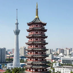 long - distance aerial full - color photo of : an extremely - tall ornate ancient pagoda with hundreds of levels is the world ’ s tallest structure and is taller than the nearby skytree and tokyo tower and taller than the surrounding contemporary skyscrapers of tokyo. the pagoda rises much higher than skytree and tokyo tower and reaches above the clouds all the way to heaven in golden rays of sunlight. professional architectural photography with many small details ; majestic ; astounding.