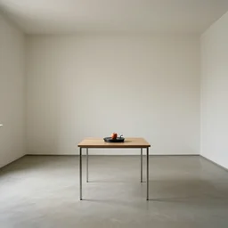 A 10ft by 10ft room empty except for a table in the middle of the room with an apple on the table, table is centered, trance music