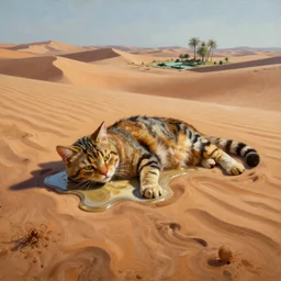 an untradetailed oil painting of a melting cat lying on flowing desert, landscape with dunes and oasis far away, by salvador dali