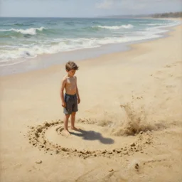 a full shot of a little man made of sand, standing on a beach, slowly eroding due to wind, intricate, highly detailed, oil on canvas, artstation, smooth, sharp focus, art by franz kafka