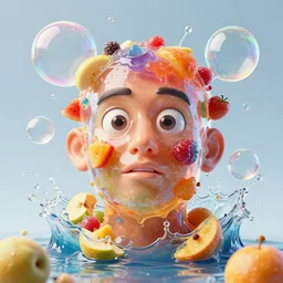 a funny sculpture of a squashed human head with a transparent head surrounded by juicy jelly, crushed fruit, realistic water splashes, giant bubbles, funny stuff, funny face, water art, vibrant, in the style of mike campau, cg render, ray tracing, 8 k resolution, sharp