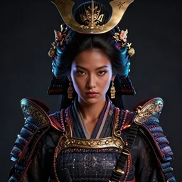 portrait of samurai queen, fantasy, rule of thirds, intricate, neon highlights, octane render, detailed, beautiful, brown skin, unreal engine, symmetrical!!, loreal, maybelline, sephora, loreal, artstation, art by karol bak, art by artgerm, rossdraws, cinematic, concept art, filmic, vsco